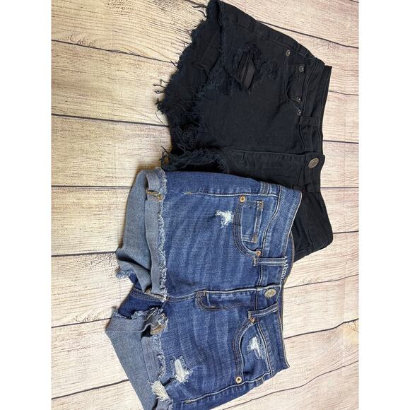 American Eagle AE  Distressed Jean Shorts Black Denim Medium Wash Stretch Size 0 - Picture 1 of 6